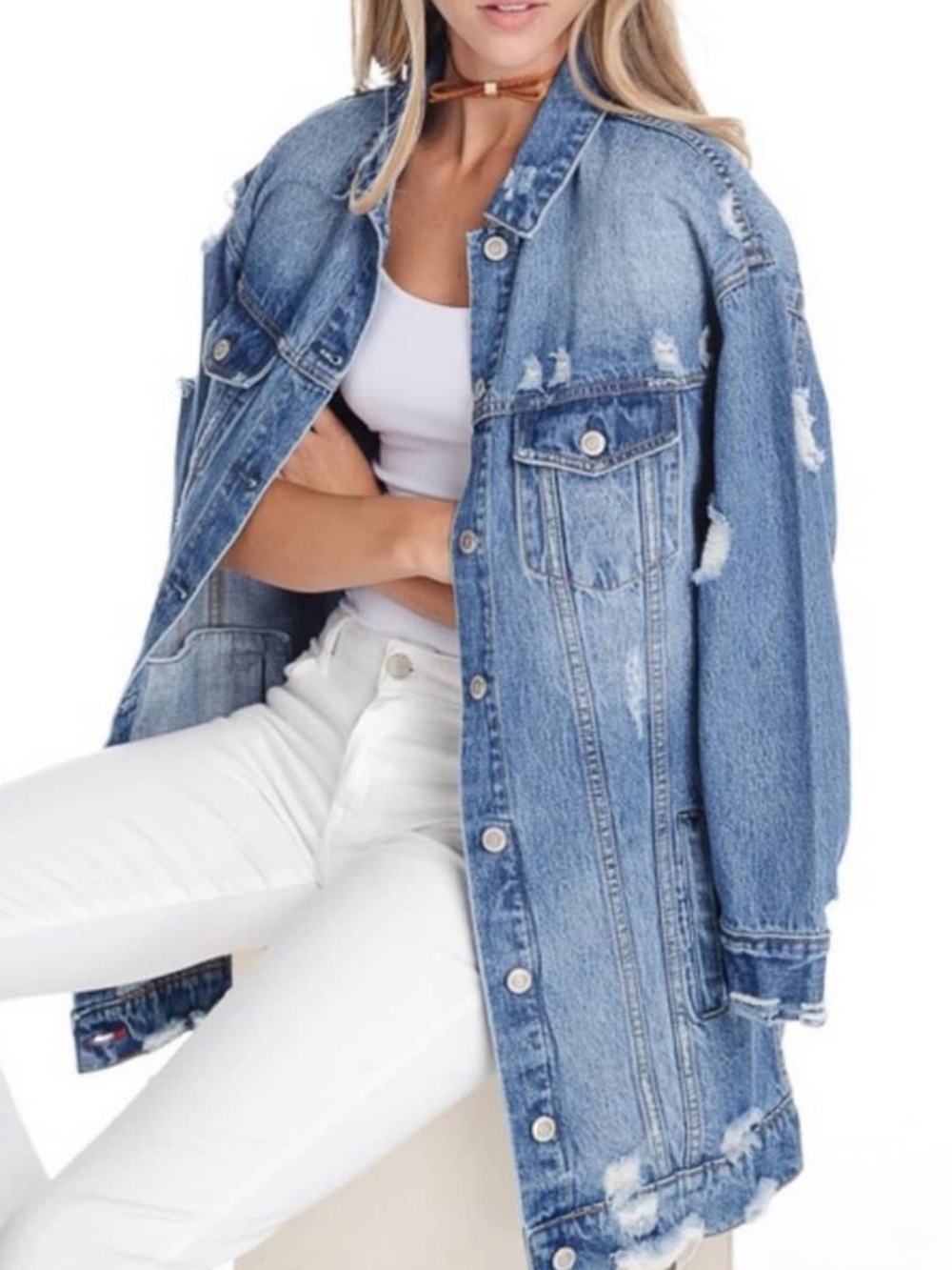 Zara Trafaluc Denim Distressed Long Women’s Jacket